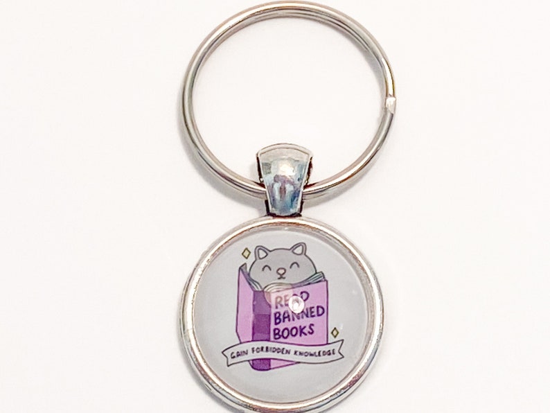 Banned Books Key Charm Handmade Silver Key Chain Gray Cat Reading Purple Banned Book Gains Forbidden Knowledge Free Shipping image 3