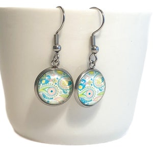 Handmade Glass Earrings - Pastel Pale Pink Blue Green and Yellow Paisley on White Background - Stainless Steel French Hooks - Free Shipping