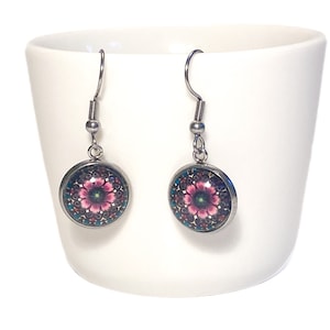 Purple Flower Earrings, Handcrafted Sterling Silver Earrings, Pink Flower Dangles, Mandala Earrings, Unique Gift For Her, Floral Earrings