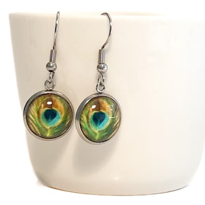 Gorgeous Peacock Feather Handmade Glass Earrings - Blue Green Yellow Brown - Hypoallergenic Stainless Steel French Hooks - Free Shipping