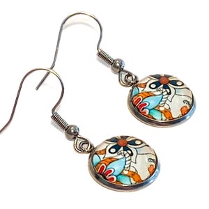 Funky Jungle Leaves Handmade Glass Earrings - Hypoallergenic Stainless Steel French Hooks - Black White Orange Blue - Free Shipping