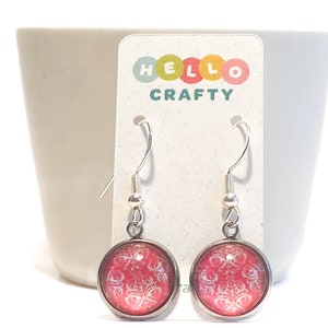 Handmade Glass Earrings - Pretty Pink and White Damask Print - Hypoallergenic Stainless Steel French Hooks - Free Shipping