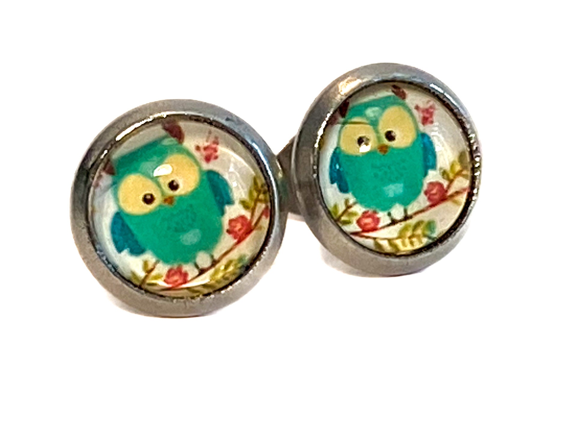 Sterling Silver Owl Earrings, Small Green Owl Studs, Hypoallergenic, Unique Gift for Girls, Cute Pos
