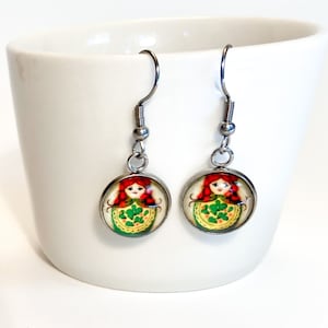Handmade Glass Dangle Earrings - Russian Nesting Doll - Matryoshka Doll - Stainless Steel - Yellow Green Red - Free Shipping