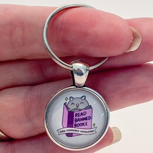 Banned Books Key Charm Handmade Silver Key Chain Gray Cat Reading Purple Banned Book Gains Forbidden Knowledge Free Shipping image 5