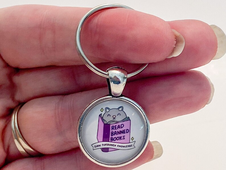Banned Books Key Charm Handmade Silver Key Chain Gray Cat Reading Purple Banned Book Gains Forbidden Knowledge Free Shipping image 5