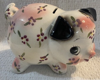 Vintage Florales Sparschwein in Rosa und Weiß mit schwarzen Ohren