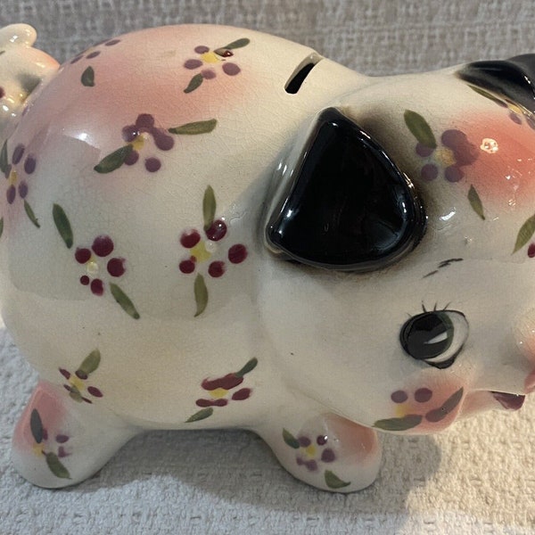 Vintage Florales Sparschwein in Rosa und Weiß mit schwarzen Ohren