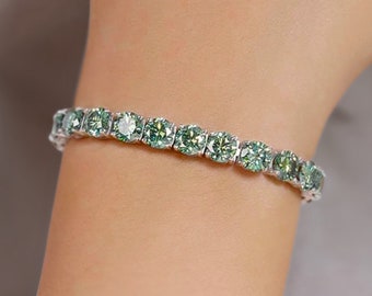 3-6.5mm Green Moissanite Tennis Bracelet | 925 Sterling Silver | Moissanite Unisex Jewelry | VVS Passes Diamond Tester | Anniversary Gift