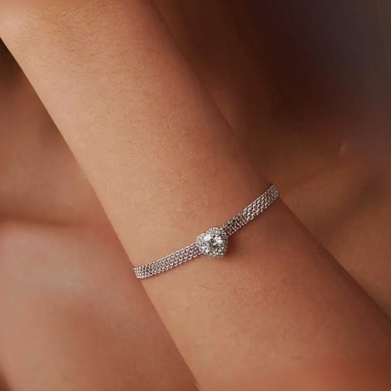 1ct Heart Moissanite Bracelet | 925 Sterling Silver | Dainty Moissanite Jewelry | Adjustable Bracelet | Bridal Bracelet | Bridemaids Gift
