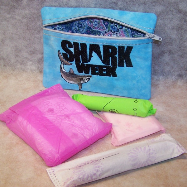 Tampon & Maxi Pad Holder  SHARK WEEK   Zippered Fabric Purse Pouch / Tampon Keeper