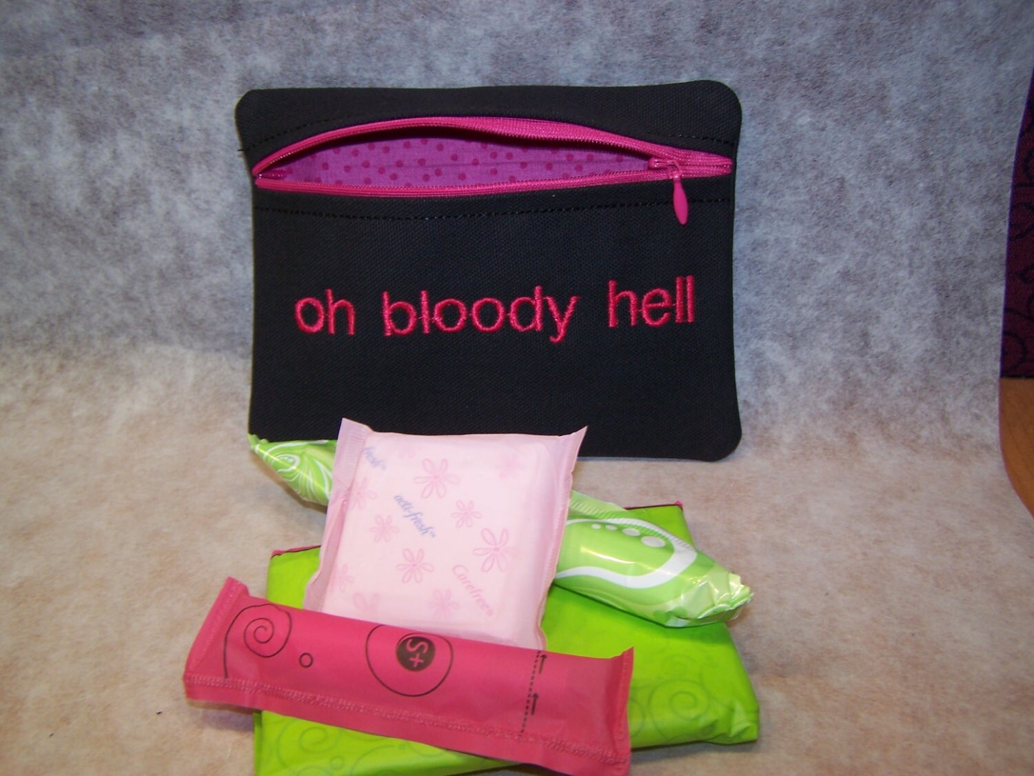 Oh Bloody Hell Tampon & Maxi Pad Taxi Black and Pink Zippered Fabric …
