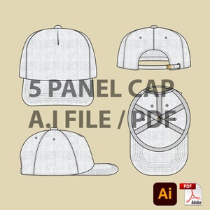 May include: A five panel cap template design in gray. The design is shown in three views: front, back, and side. The text "5 PANEL CAP A.I FILE / PDF" is written in black on a white background.