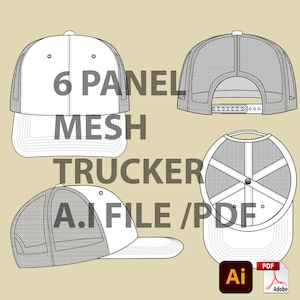 Puede incluir: Un dibujo en blanco y negro de una gorra de camionero de malla de 6 paneles. La gorra se muestra desde tres ángulos diferentes: frontal, posterior y lateral. La gorra tiene una parte posterior de malla y un panel frontal sólido. El texto "6 PANEL MESH TRUCKER" está escrito en letras grandes a través de la imagen.