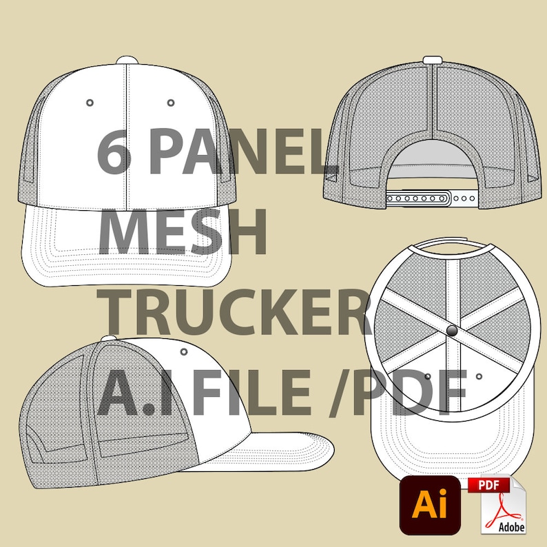 6 Panel Mesh Trucker Hat Cap Template Vector Blank Mockup Digital ...