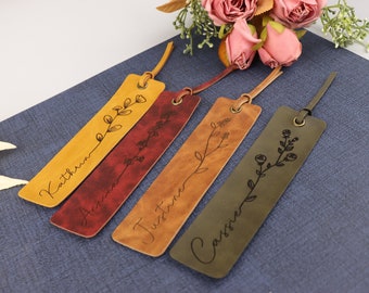 Custom Genuine Leather Bookmark | Personalized Birth Flower Bookmark | Book Lover Gift | Custom Name Bookmark | Birthday Gift |Bookworm Gift