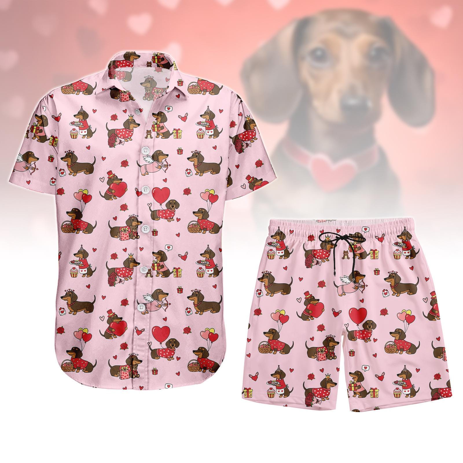 Discover Dachshund Valentines Button Shirt, Unisex Shorts, Cute Dog Hawaiian Shirt, Wiener Dog Lover, Valentines Day Gift, Summer Beach Shirt