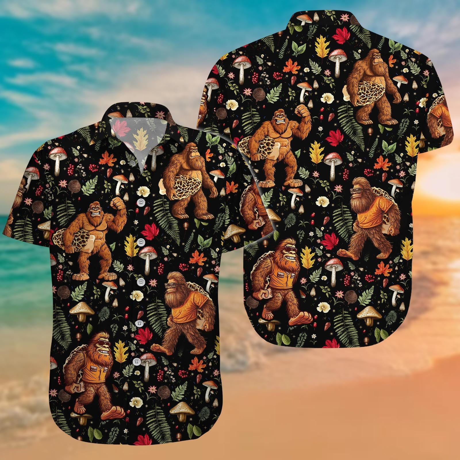 Discover Bigfoot Button Shirt, Bigfoot Holding Mushroom Shirt, Bigfoot Hawaiian Shirt, Hiking Summer Shirt, Camping Hawaii Shirt, Gift For Him