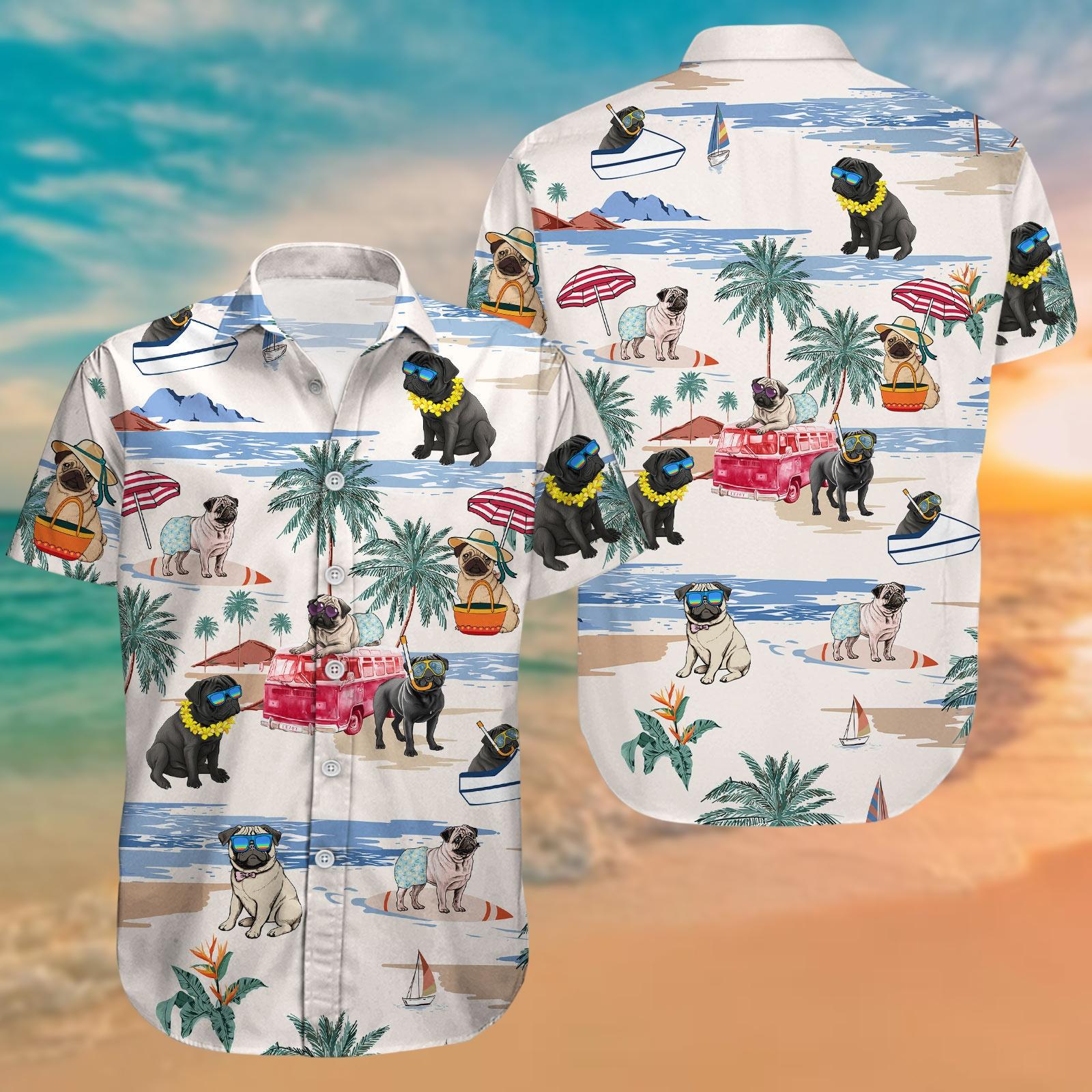 Discover Pug Dog Button Shirt For Men Women Kid, Dog Summer Shirt, Pug Beach Shirt, Dog Mom Shirt, Dog Dad Shirt, Vacation Shirt, Pug Lover Gift