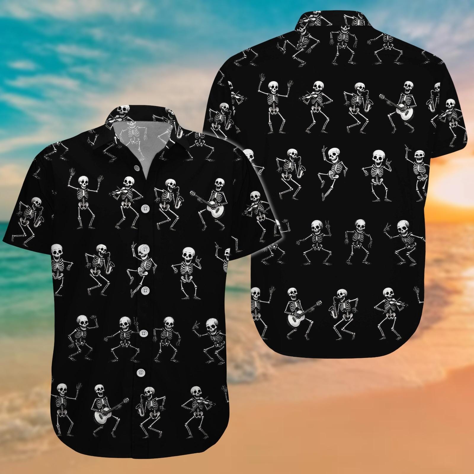 Discover Skeleton Button Shirt, Skeleton Dancing Hawaiian Shirt, Skull Summer Shirt, Skeleton Vacation Shirt, Skeleton Aloha Shirt Men Women Kid