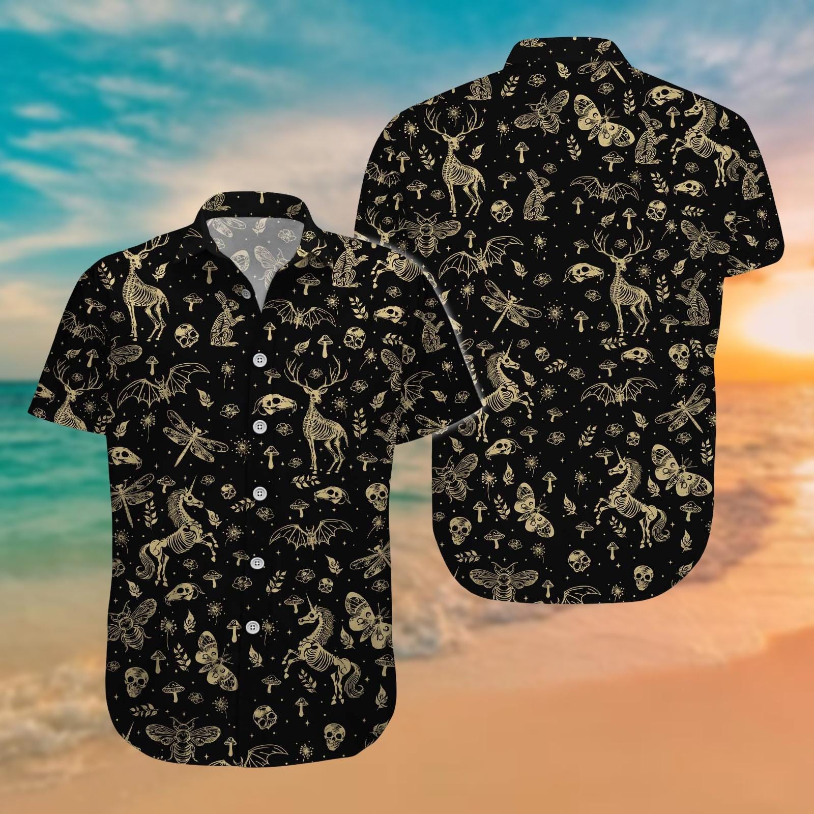 Discover Skeleton Animals Button Shirt, Mythical Unicorn Bat Deer Hawaiian Shirt, Dark Fantasy Shirt, Family Vacation Shirt, Gift For Him