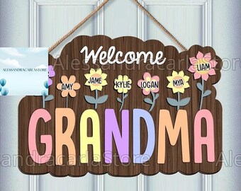 Welcome To Nana Mom's Garden Little Flower Kids, plaque en bois personnalisée 2 couches, plaque en bois personnalisée