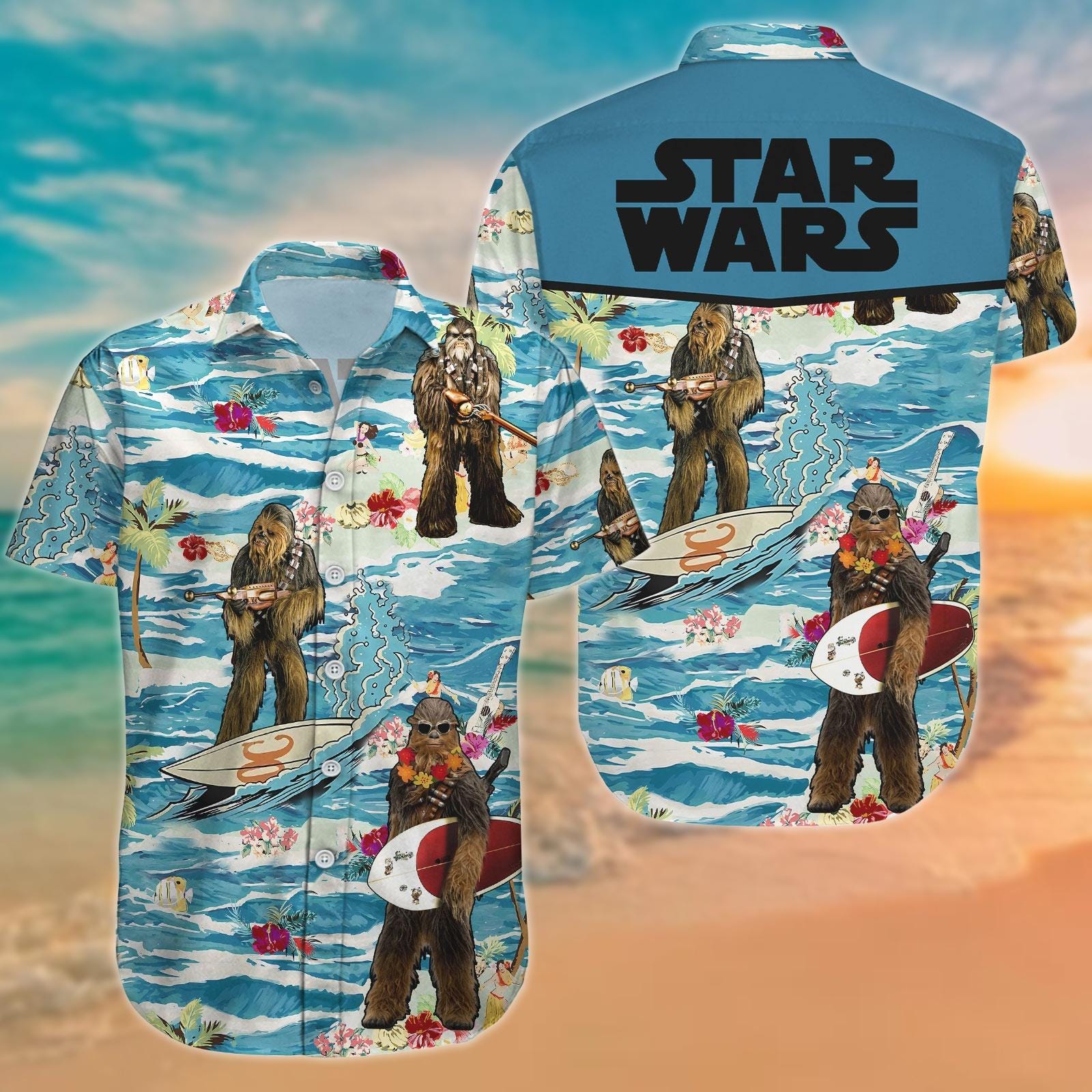 Discover Star Wars Button Shirt, Chewbacca Hawaiian Shirt, Star Wars Summer Shirt, Chewbacca Vacation Shirt, Star Wars Aloha Shirt, Gift For Fan