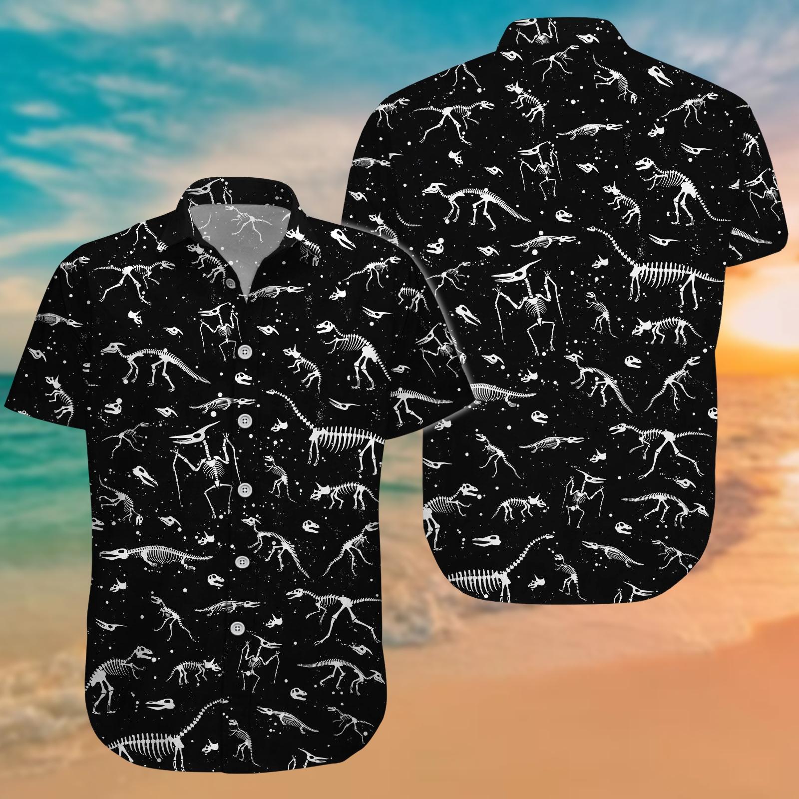 Discover Vintage Dinosaur Button Shirt, Dinosaur Bone Hawaiian Shirt, Animals Beach Shirt, Vacation Shirt For Women Men Kid, Summer Gift