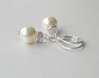 Ivory Pearl Drop Earrings, Pearl and Crystal Earrings, Pearl Bridal Jewelry, Bridesmaid Gift, Swarovski, Sterling, Cream Pearl Earrings