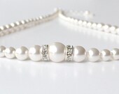 White Pearl Necklace, Pearl and Crystal Necklace, Pearl Bridal Necklace, Bridesmaid Jewelry, Bridal Accessory, Pearl Strand, Swarovski
