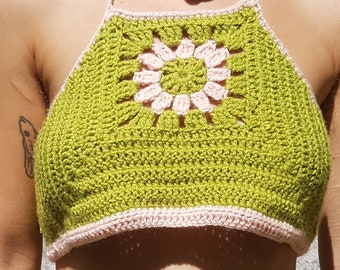 grün rosa granny square blümchen häkel top