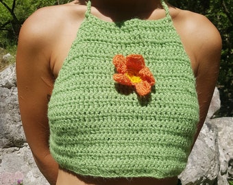 top court au crochet à fleurs vert