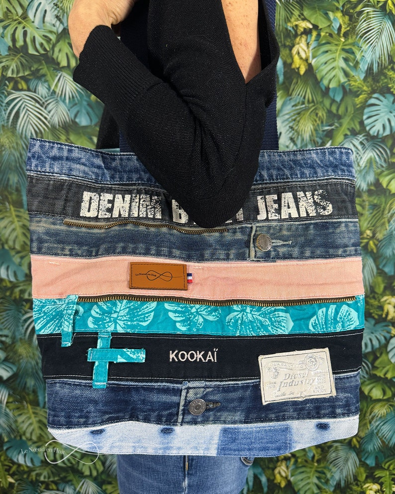 Tote Bag Paris Grand sac en Jeans Denim, tissu recyclé, création unique, responsable, fourre-tout patchwork, made in alsace image 2