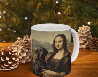 Mona Lisa & Labrador Ceramic Mug: Whimsical Art Gift, Unique Art