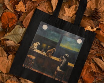 Edward Hopper Nighthawks Dog Parody, Art Lovers Cotton Tote Bag