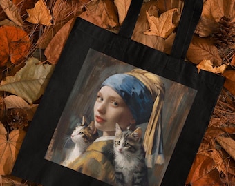 Vermeer Cat Art Tote Bag: Girl with Pearl Earring Eco-Friendly Canvas