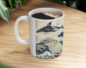 Great Wave Flying Whales Mug, Hokusai Inspired Ocean Art