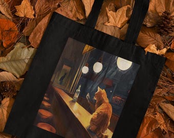Nighthawks Cat Art Tote Bag: Whimsical Cotton Eco-Friendly Canvas, Art Lovers Gift