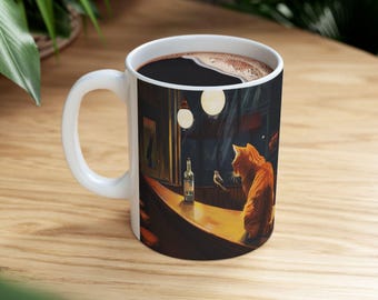 Edward Hopper Nighthawks Inspired Cat Mug for Art Lovers