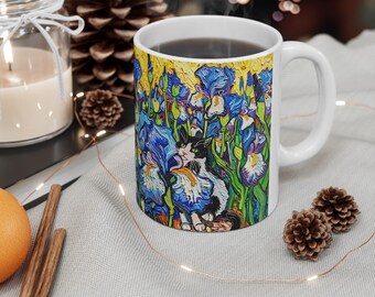 Van Gogh Irises Cat Mug: Whimsical Art Coffee Mug