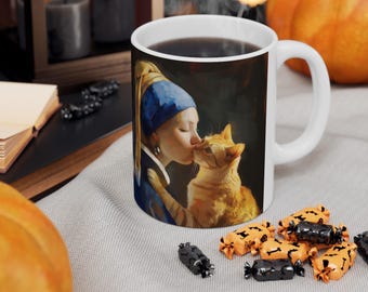 Vermeer Cat Art Mug: Girl with Pearl Earring, Whimsical and Unique Cat Lover Gift