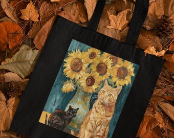 Van Gogh Sunflower Cat Tote Bag: Fine Art Lover Gift, Eco-Friendly Canvas