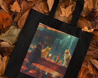 Cat Cafe Nighthawks Tote Bag: Art Lover Gift, Eco-Friendly Canvas Tote