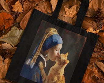 Girl with Pearl Earring Cat Art Tote: Whimsical Cotton Canvas Bag