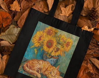 Van Gogh Sunflowers Cat Cotton Tote Bag, Art Lover Gift