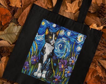 Van Gogh Starry Night Cat Tote Bag: Whimsical Art Lover Gift, Eco-Friendly Canvas