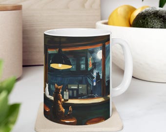 Nighthawks Cat Art Mug: Edward Hopper with Cats, Whimsical Art Gift