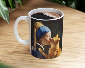Vermeer Girl with Pearl Earring Cat Mug: Whimsical and Quirky Art Gift