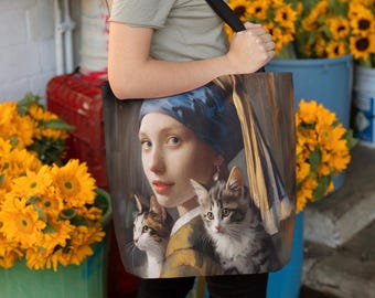 Girl with a Pearl Earring Cat Art Tote Bag, Vermeer Parody