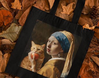Vermeer Cat Art Tote Bag: Girl with Pearl Earring Eco-Friendly Canvas